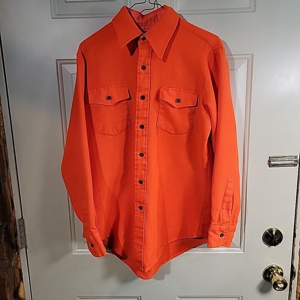 K-Mart VTG 1970s Sportsman Shirt Men's M Blaze Orange Hunting Long Sleeve Button